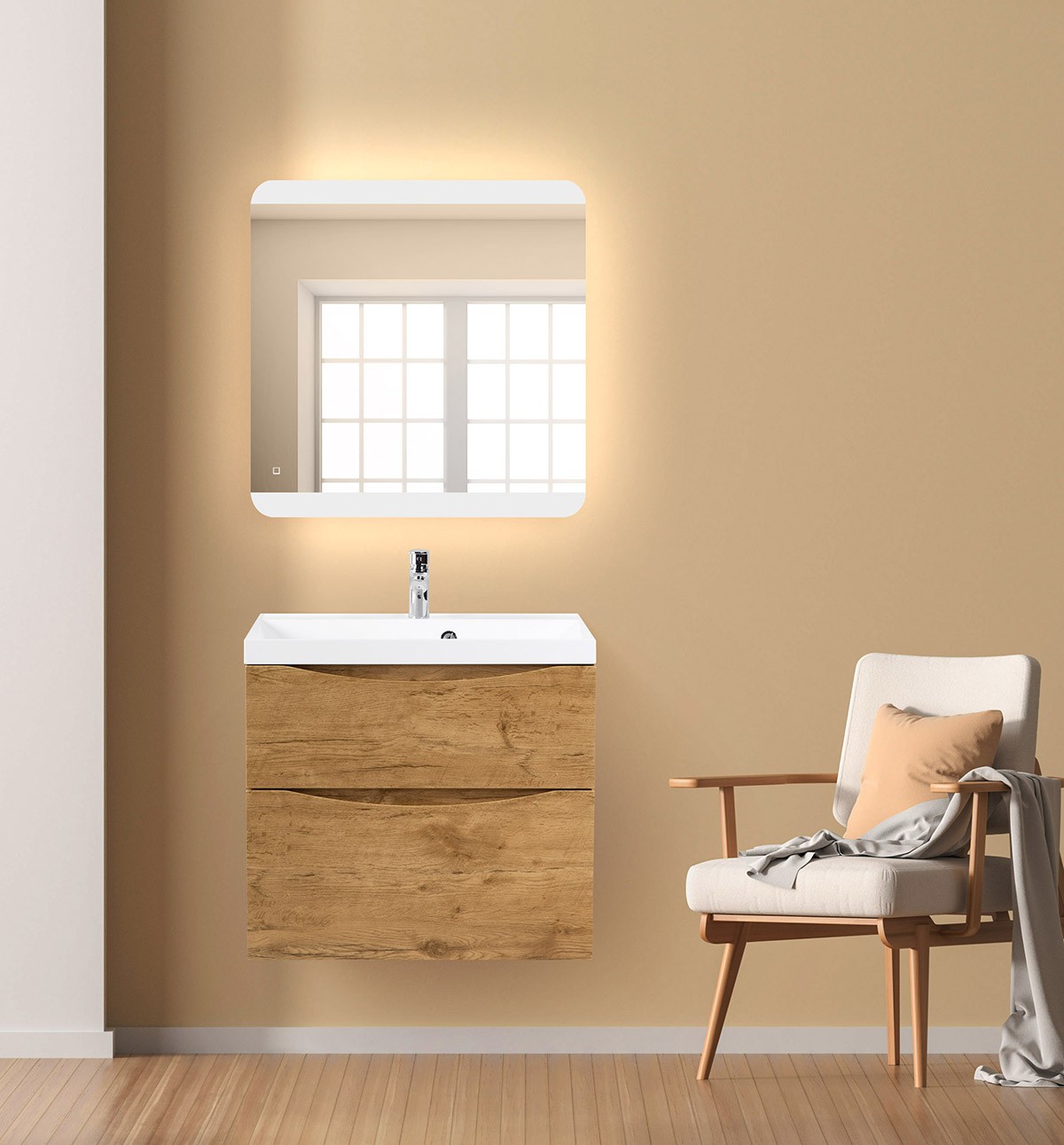 Empty wall mock up in Scandinavian style interior with wooden ar